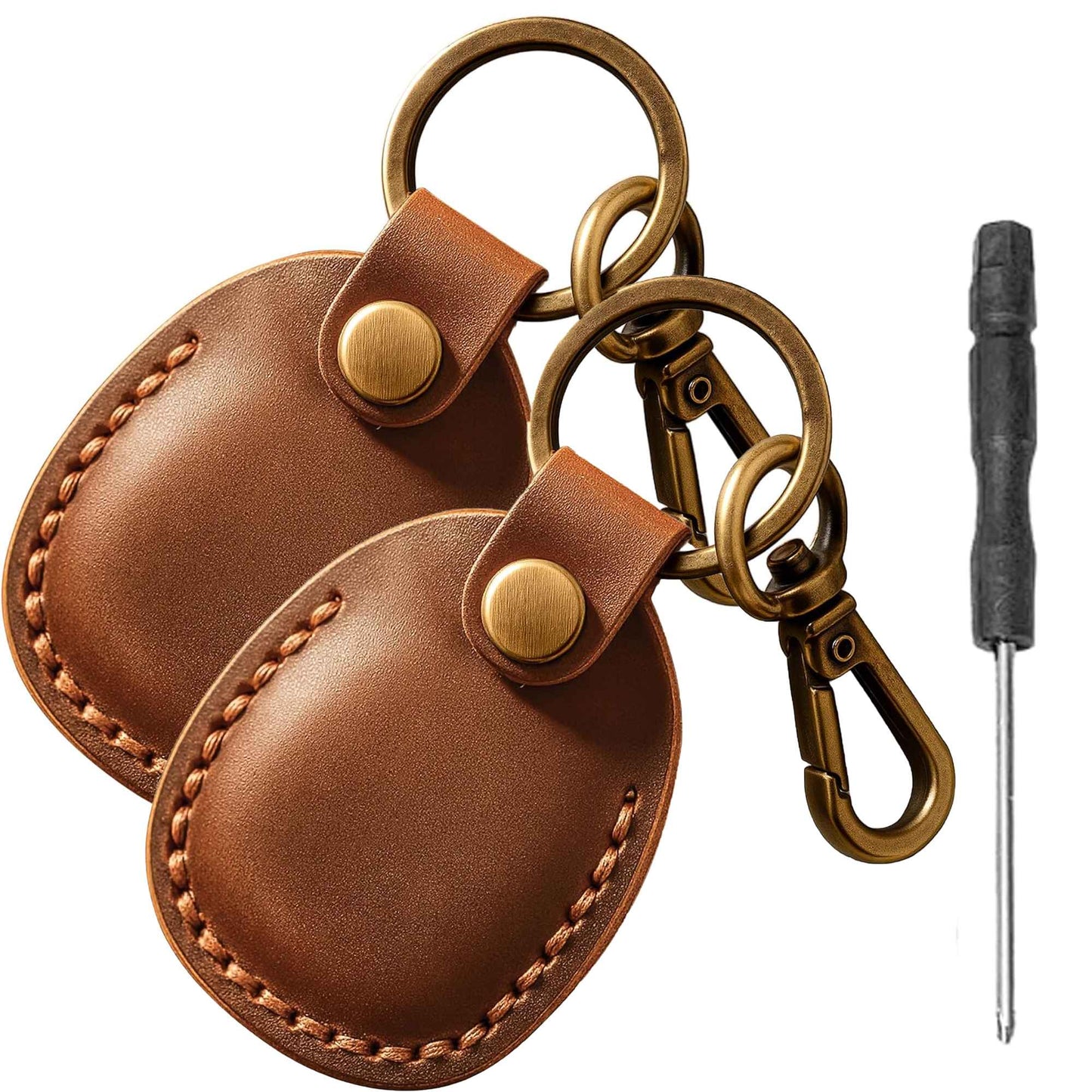 2/1 Pack Genuine Leather AirTag Keychain Holder . Secure Key Chain Case for Pet Collar Luggage Bag Full Cover Protective Keyring