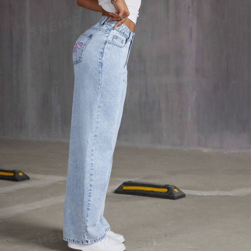 Fashion Retro Bow Embroidered Jeans Women'S Straight Leg Slim Fit Jeans Pants Baggy Y2k Jeans