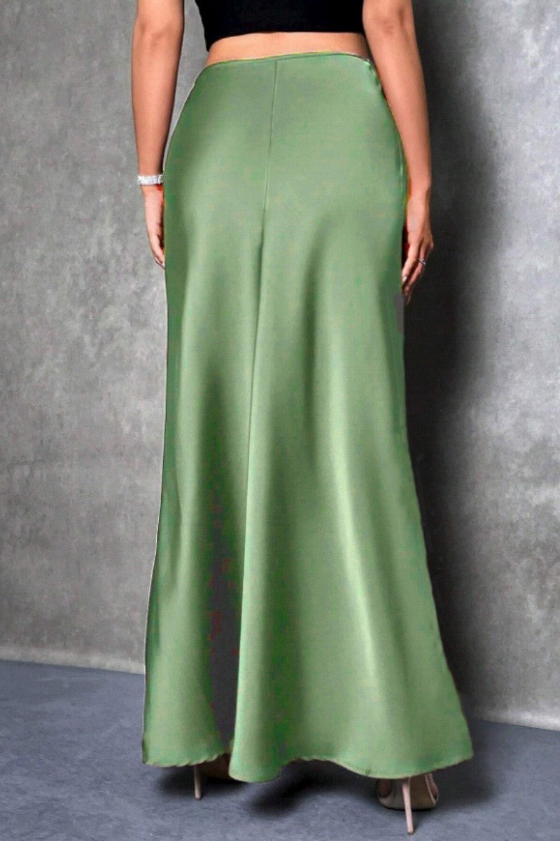 Elegant silk-like satin A-line midi skirt with high waist and mermaid tail for women in spring and summer