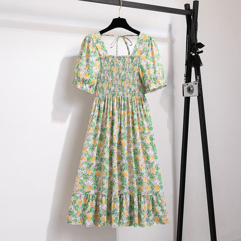 Summer Pleated Women Chiffon Dresses Casual Beach Holiday Short Sleeve Square Co