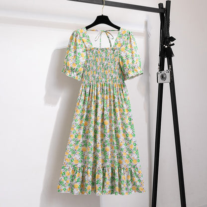 Summer Pleated Women Chiffon Dresses Casual Beach Holiday Short Sleeve Square Co