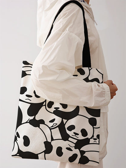 Panda pattern printed casual handbag, reusable fashionable backpack, multifunctional handbag, canvas shopping bag