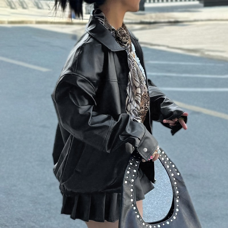 Autumn Women's Faux Leather Jackets 2025 Fall Long Sleeve Bomber Jacket Lapel Zip Up Motorcycle Coats Winter Clothing