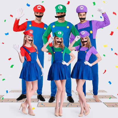 Game Plumber Bros Cosplay Costume Set Jumpsuit Dress Hat Beard Gloves Adult Men Women Uniform Halloween Party Role Play Outfit