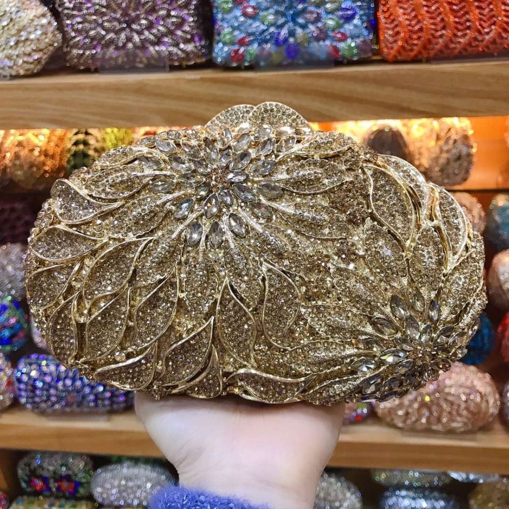 XIYUAN women red/pink/blue/gold/silver Hollow Out Flower Birthday party Crystal Evening bag Clutch purse Minaudiere Handbags