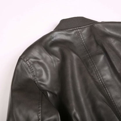 BSK&TRAF Hot Girl Stand Collar Distressed Faux Leather Bomber Jacket 2025 Women's Fashion Commuter Leather Jacket