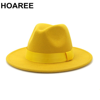 HOAREE Purple Wool Felt Jazz Fedora Hats Men Women Wide Brim Sombrero British Style Trilby Formal Panama Cap Solid Dress Hat