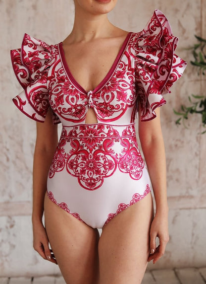 Flaxmaker Classic Women Sexy Bikini Sets Long Sleeves Majolica Series Pattern Print One Piece Swimsuit Skirt Biquini Beachwear