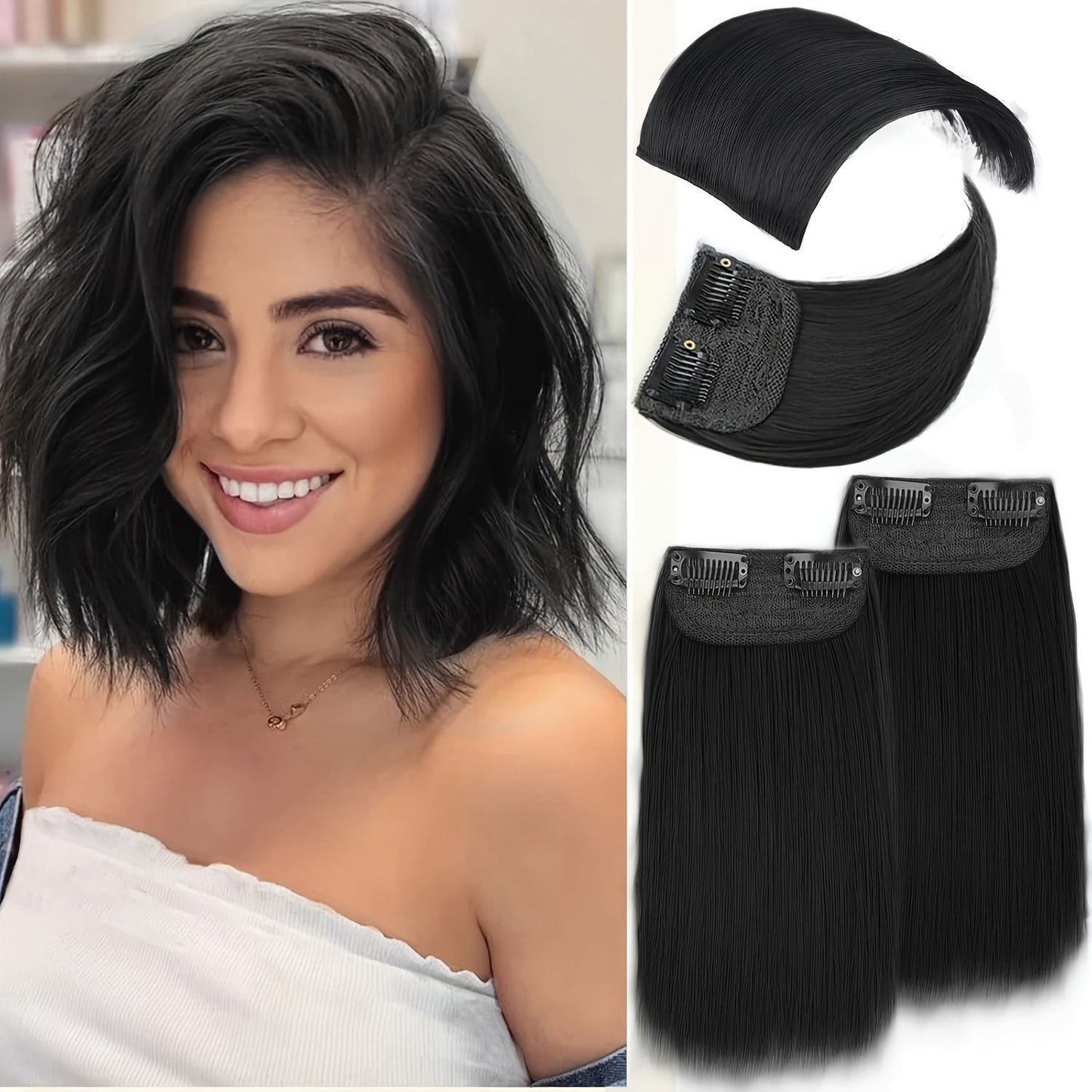 4 Pcs Perucas Femininas Sintéticas com Topo de Cabeça - Perucas Curtas e Grossas com Grampos Invisíveis - Extensão de Cabelo para Cabelo Ralo Adicionando Volume