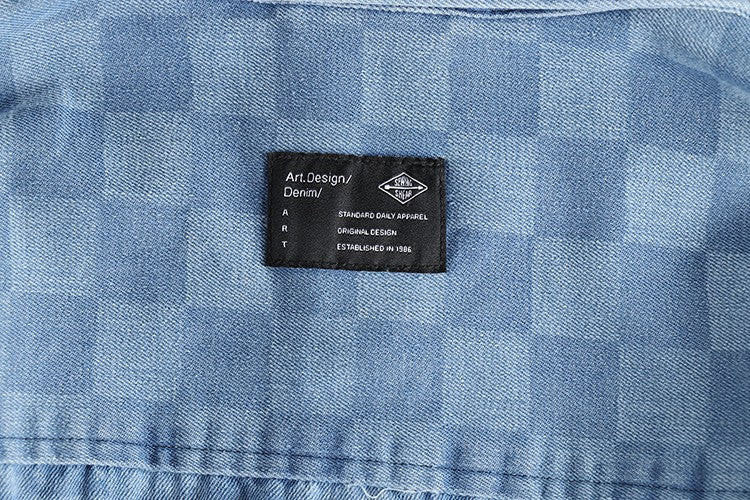 Spring Japanese Retro Long Sleeve Lapel Denim Plaid Cargo Shirts Men's High Street 100% Cotton Washed Loose Casual Thin Jacket