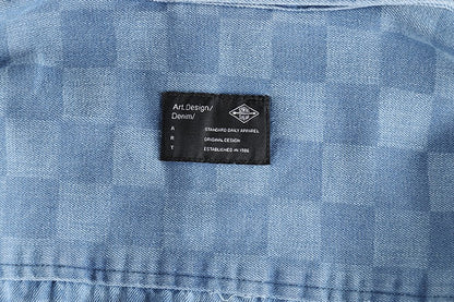 Spring Japanese Retro Long Sleeve Lapel Denim Plaid Cargo Shirts Men's High Street 100% Cotton Washed Loose Casual Thin Jacket