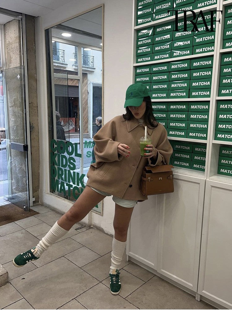 Sobretudo Feminino Casual Vintage Cáqui Manga Morcego Gola Lapela Quente Tweed Outono Inverno Moda Solto Abotoamento Único