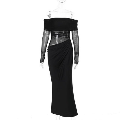 Y2k Summer New Solid Color Long Sleeve Off Shoulder Dresses Sexy Wrap Hip Mesh S