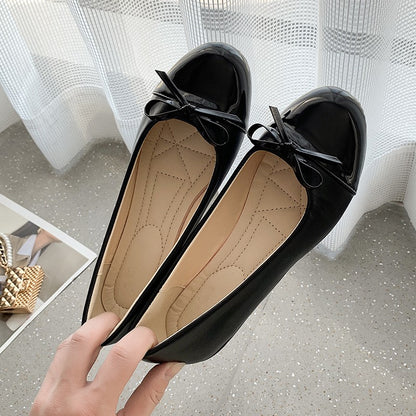 Comfortable Leather Version Flat Bottom Ballet Shoes Women's Slip-On French Butterfly Knot Versatile Easy Wear Casual Flats