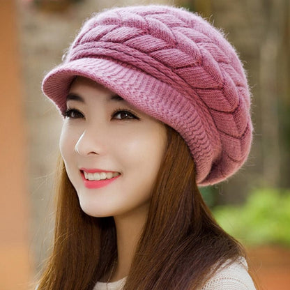 Women's Winter Solid Color Warm Knitting Loose Beret Leisure Ski Cap Korean Version Beret Plus Velvet Thick Knitting Ear Cap