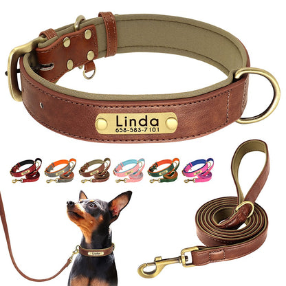 Conjunto Personalizado de Coleira e Guia de Couro para Cães Coleira de Couro Acolchoada Macia para Cães de Pequeno, Médio e Grande Porte com Placa de Identificação Grátis
