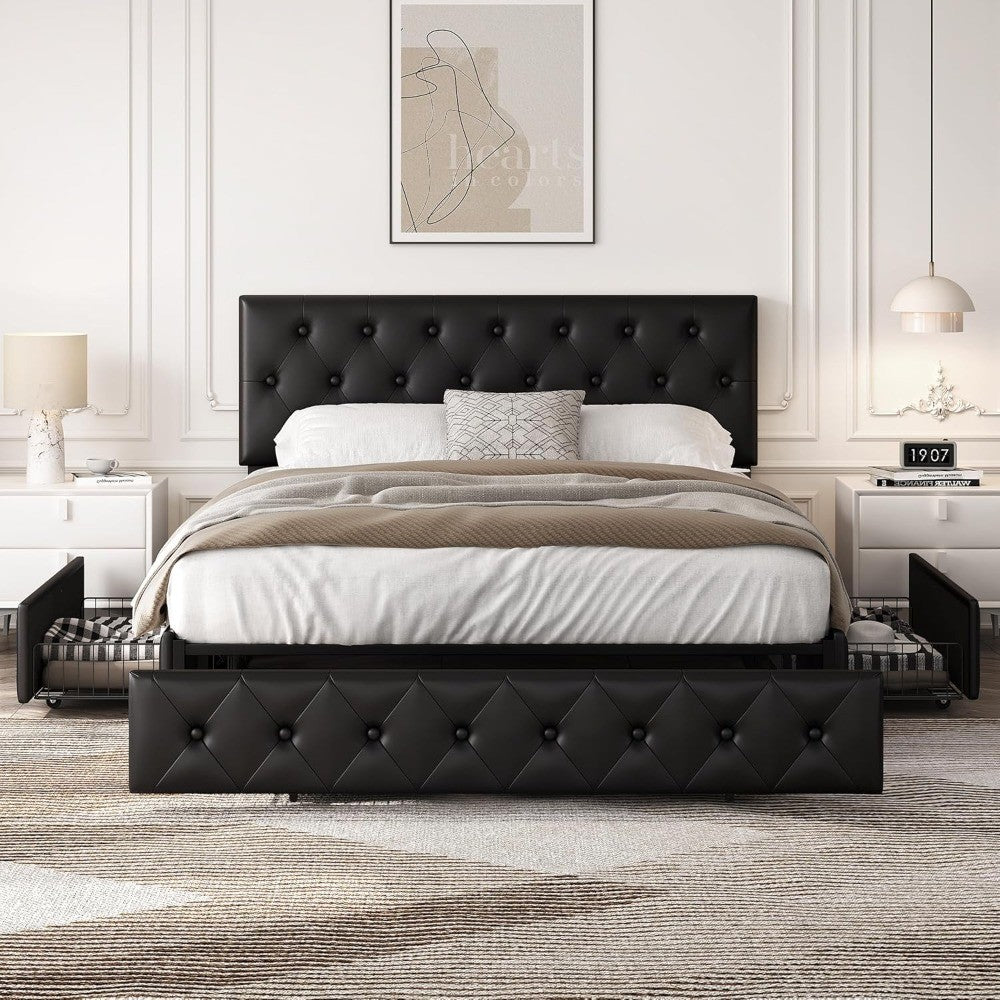 Yaheetech Queen Bed Frame Upholstered Bed Frame with Adjustable Diamond Button-Tufted Headboard/3 Drawers Storage, Queen Platfor