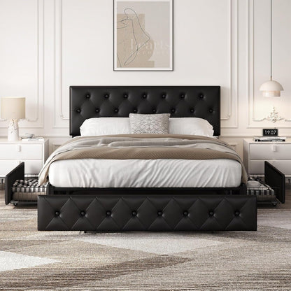 Yaheetech Queen Bed Frame Upholstered Bed Frame with Adjustable Diamond Button-Tufted Headboard/3 Drawers Storage, Queen Platfor