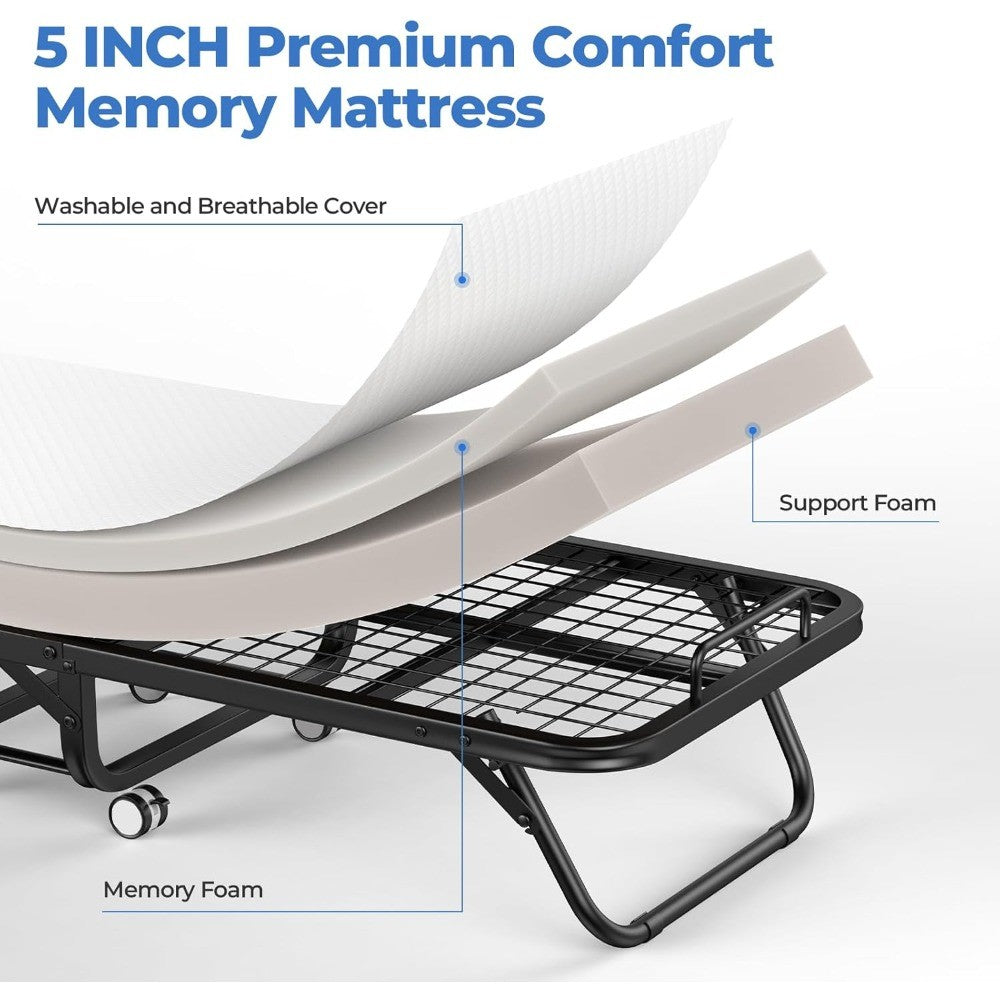 75 x 31 Folding Bed with Mattress, Portable Guest Beds with 5 Memory Foam Mattress, Foldable Sturdy Metal Frame Single Bed