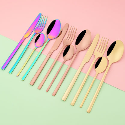Conjunto de Talheres Ocidentais Dourados de 4 Peças em Aço Inoxidável Garfo Faca Colher de Café Conjunto de Louça Talheres de Cozinha Preteto Prateado