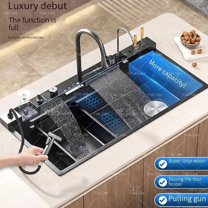 Stainless Steel Waterfall Kitchen Sink Digital Display Faucet Set Embossed Extra Large Single Slot Multiple Types of sinks