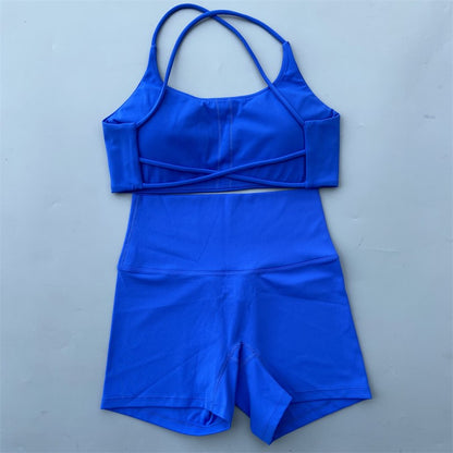 Yoga Shorts Set Gym Two Piece Sports Set Women Workout Outfit Fitness Suit Cross Straps Bra High Waist Shorts Running Tracksuit
