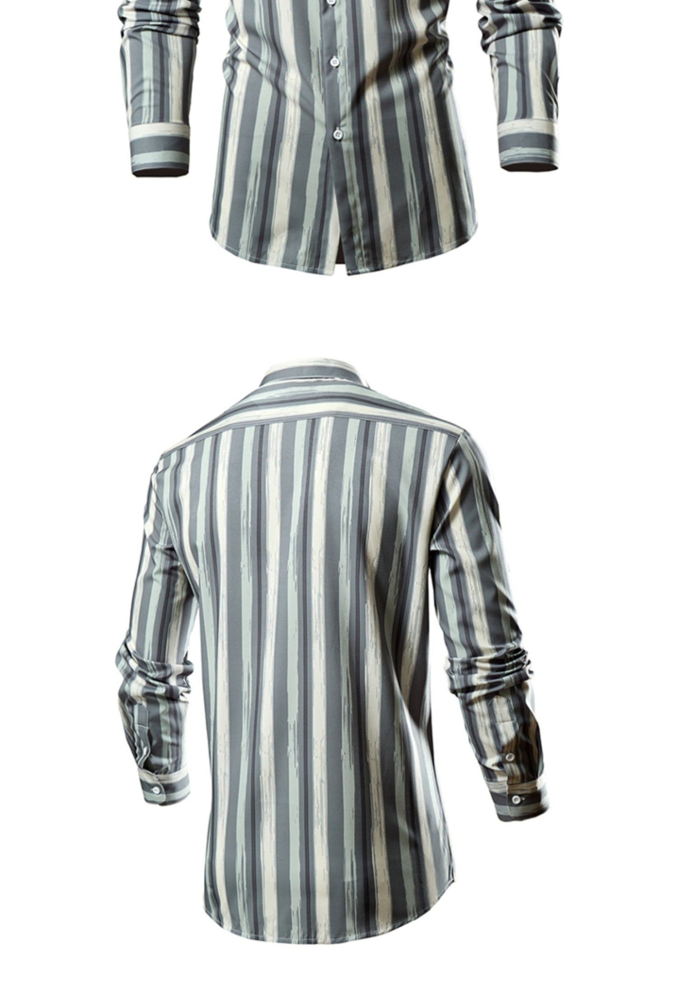 Men's White Vertical Stripe Long Sleeve Shirts, Single Breasted Lapel Shirt, Blue Gray Red Khaki Available, European Size S-XXL