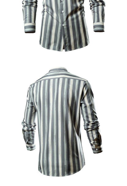 Men's White Vertical Stripe Long Sleeve Shirts, Single Breasted Lapel Shirt, Blue Gray Red Khaki Available, European Size S-XXL