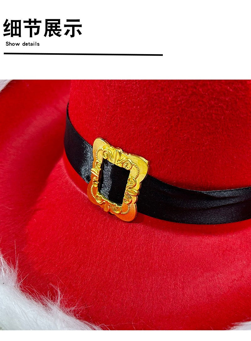 Red Christmas Cowboy Hat with Feather & Gold Buckle, Western Party Hat for Women Men, Floppy French Jazz Cap for Xmas