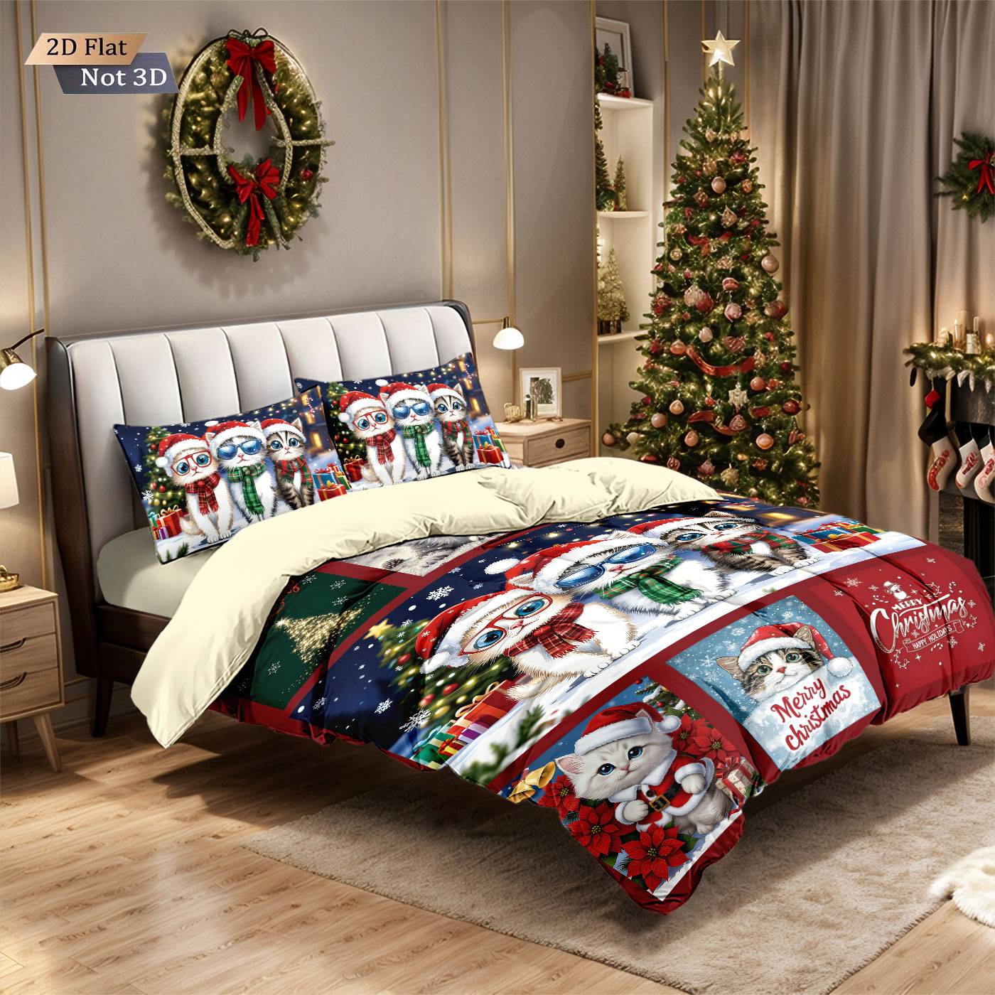 3pcs Merry Christmas Cat Printed Chipless Bedding Set Soft Dormitory Bedroom Multiple Sizes Machine Washable