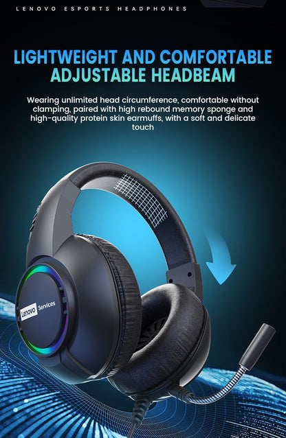 Fone de ouvido gamer com fio Lenovo E08 com microfone, luz RGB para computador e laptop, efeitos de som surround virtual 7.1, headset para E-sports