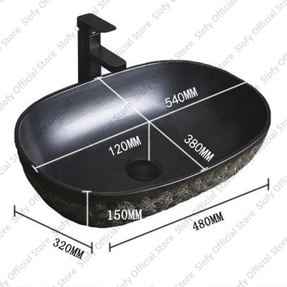 Vintage Style Ceramic Washbasin Black Artistic Hotel Family Bathroom Sink Basins Large Oval Balcony Garden Outdoor Washing Basin