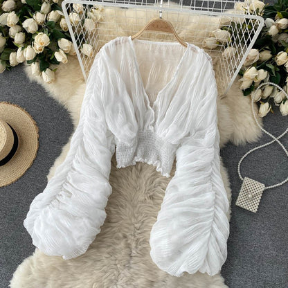 Summer Sexy Draped Chiffon Blouse For Women Elegant V-Neck Puff Long Sleeve Short Tops Female Slim Party Shirts 2022 New Fashion