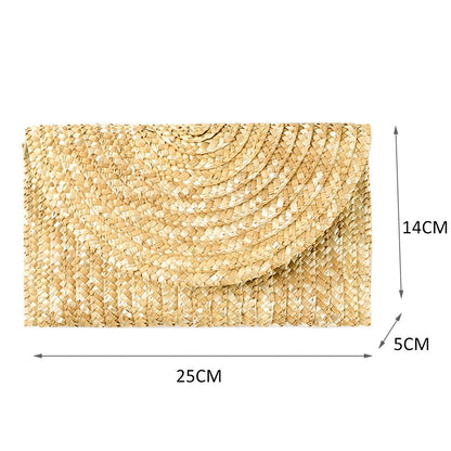 Wheat Straw Woven Clutch Handmade Beach Clutch Lady Wallet Casual Purse Bag Summer Beach Travel Envelope Handbags