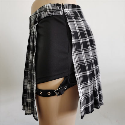 Pleated Girls Gothic Half Skirts Summer Harajuku Punk Style Plaid Irregular Skirts Women Asymmetrical High Waist Black Skirts