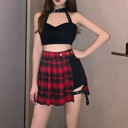 Pleated Girls Gothic Half Skirts Summer Harajuku Punk Style Plaid Irregular Skirts Women Asymmetrical High Waist Black Skirts