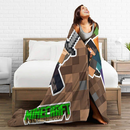 Cartoon Mines Pixel Game Crafts Flannel Blanket Super Warm Throw Blanket for Home Decor Decorative Street Trend Bedspread