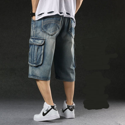 2025 new European and American multi pocket work pants, seven quarter denim shorts, men's wide leg loose oversized trendy brand