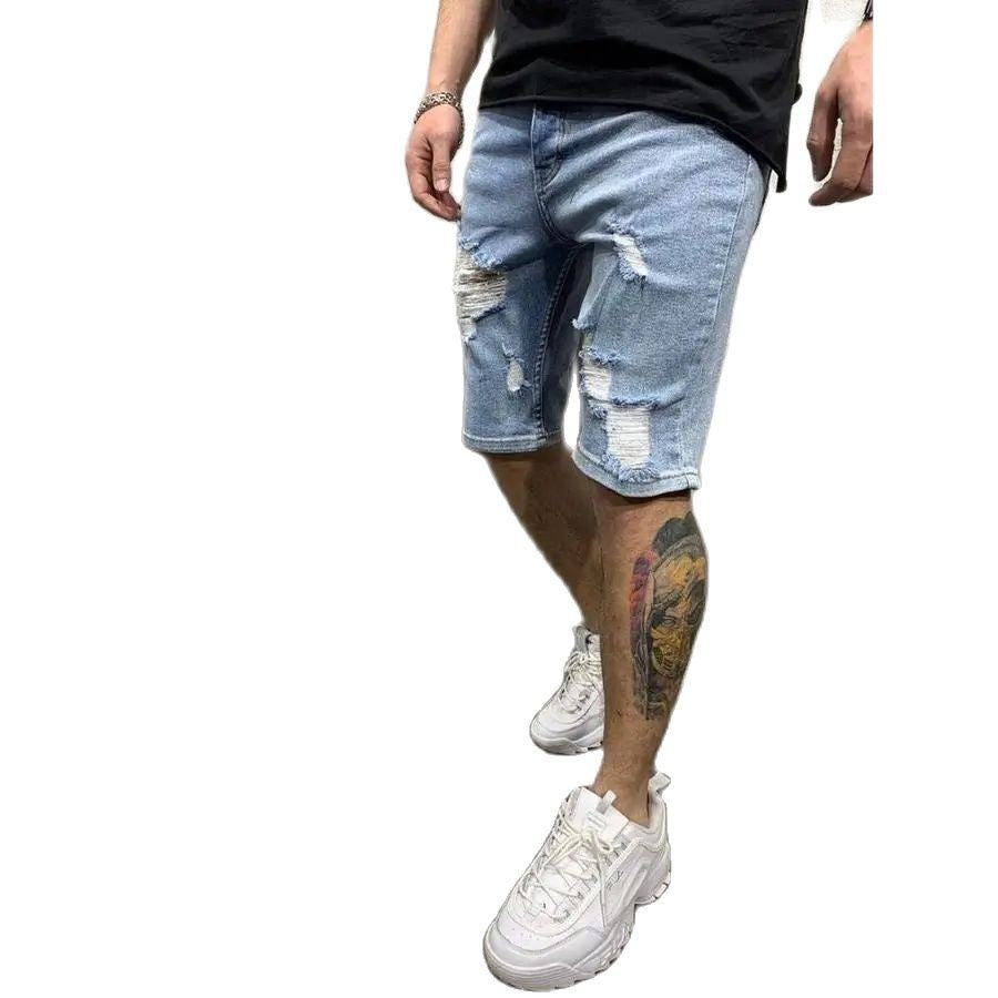 2024 Ripped tassel denim shorts New  Summer Men's Personalized Washable Perforated Denim Pants Large Casual Middle Pants