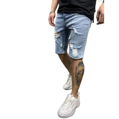 2024 Ripped tassel denim shorts New  Summer Men's Personalized Washable Perforated Denim Pants Large Casual Middle Pants
