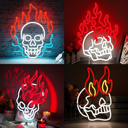 Paredes de Neon Chama de Crânio Decoradas com LEDs de Halloween Reguláveis, Alimentadas por USB, Decorações de Festa de Halloween para Caverna Masculina, Bar, Clube, Sala de Jogos