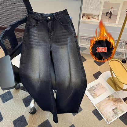 Winter Thick Women's Fleece Straight Jeans Casual Comfortable Soft Velvet Slim Pants Vintage Wide Plush Denim Trousers