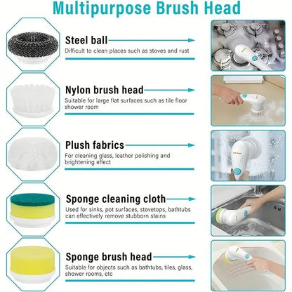 Cordless Handheld Scrubber with 5 Interchangeable Brush Heads, Rechargeable Rotating Cleaning Brush for Bathrooms, Kitchens, Flo