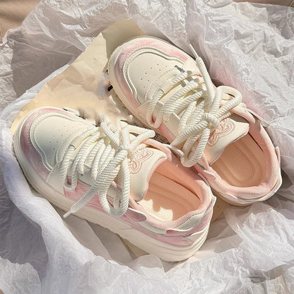 New Fashion Versatile Simple White Shoes Round Toe Thick Sole Lace Up Cute Lightweight Slim Casual Sports Shoes for Women