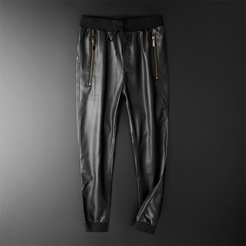 Men's Leather Pants Superior Quality Elastic Waist Jogger Pants PU Leather Motorcycle Trousers Biker's Pants