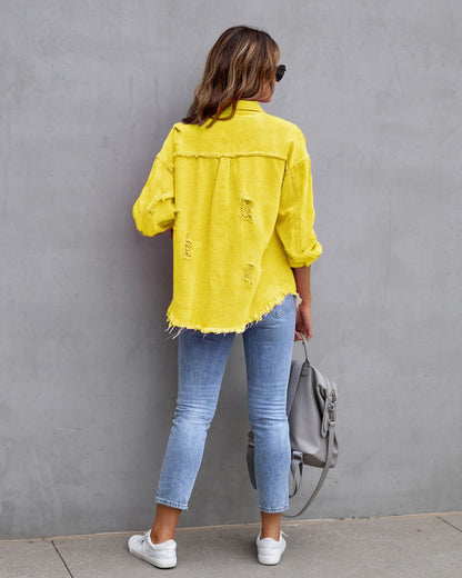Autumn Winter Women's New Denim Jacket Fashion Grinding Edge Broken Hole Hollow Long Sleeve Single Breasted Casual Collar Top
