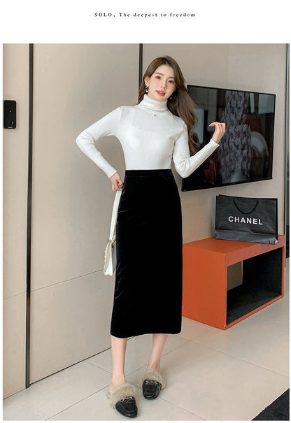 Elegant Velvet Black Long Skirts Women Autumn Winter High Waist Faldas Korean Fahion Clothing Office Ladies Bodycon Midi Skirt
