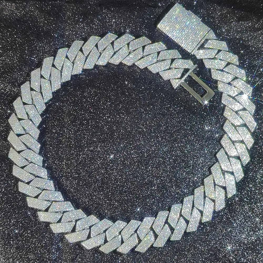 Colar Masculino/Feminino Folheado a Ouro Branco/18k com Corrente Cubana Grossa de 15mm com Duas Fileiras de Zircônias Cravejadas, Joia de Hip Hop com Zircônias Cravejadas, Presente