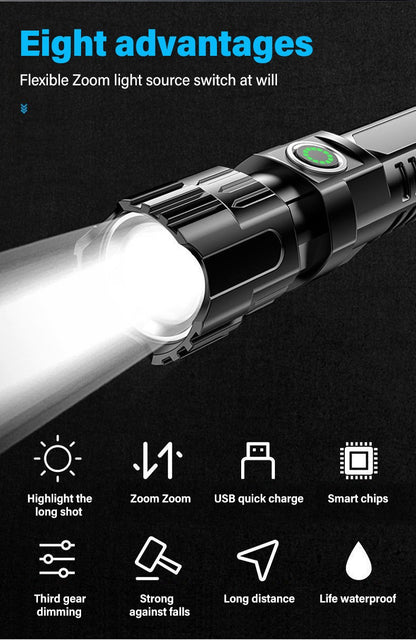 Portable Strong Light LED Flashlight Rechargeable Telescopic Zoom Torch Safety Emergency Light for Outdoor Camping Cycling Lamp