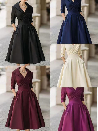 Elegant Wedding Guest Dress Women Turndown Collar Mid-Length Waisted A-Line Satin Evening Dress Cocktail Party Midi Dresses